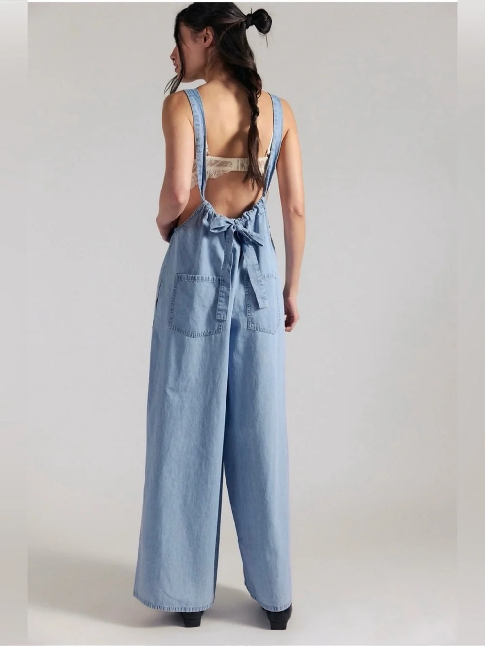 Free People Light Blue Wide-Leg Denim Jumpsuit